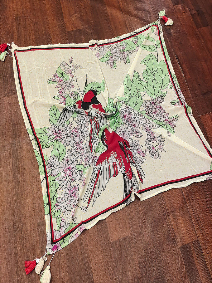 Beige Georgette Floral Design Scarf with Tassle