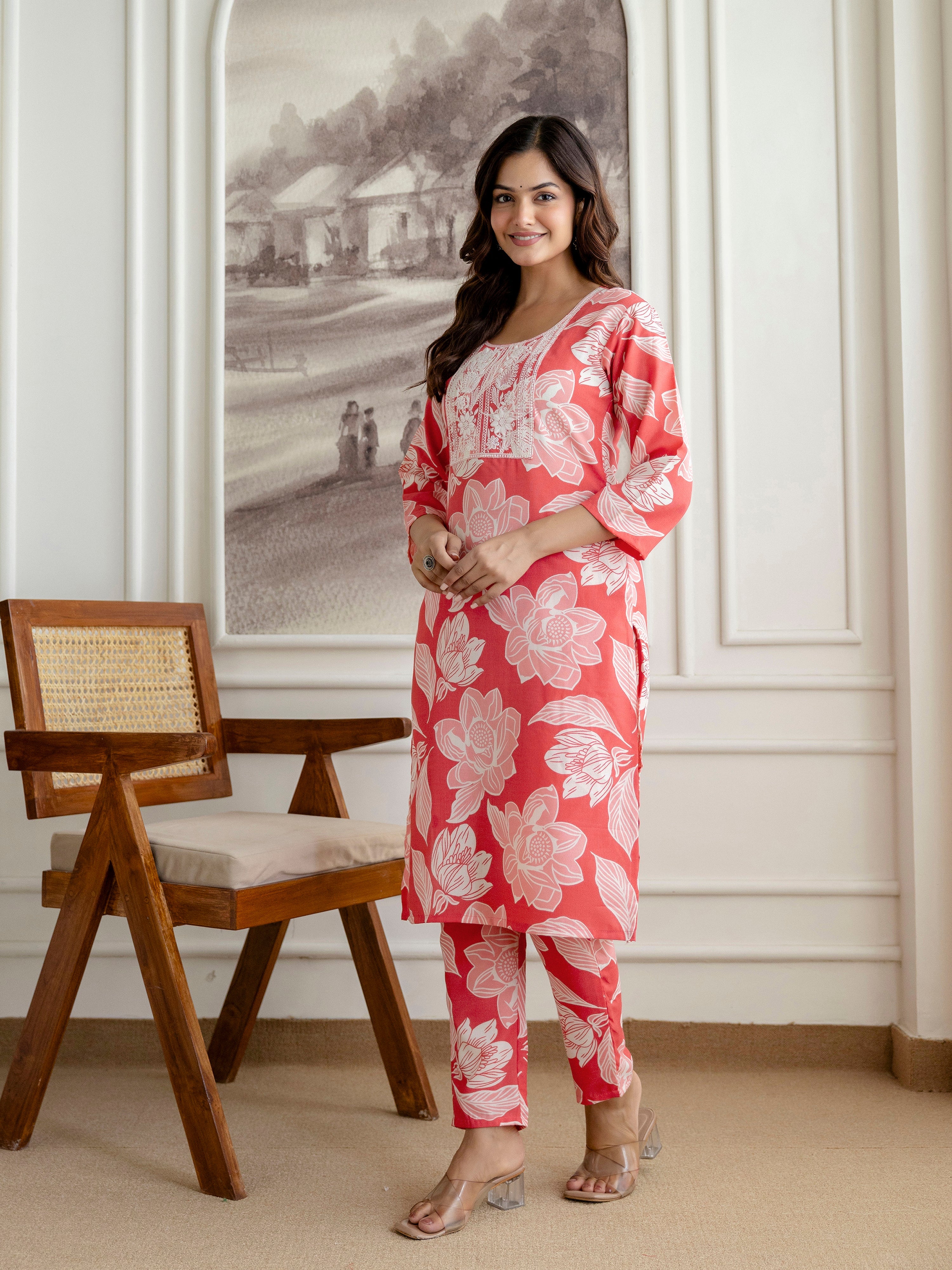 Pink Slub Magic Cotton Digital Print Kurta Palazzo Set For Woman's Trendmalls