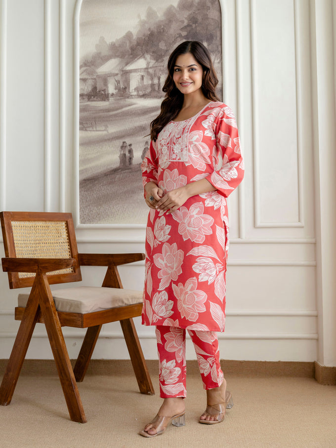 Pink Slub Magic Cotton Digital Print Kurta Palazzo Set For Woman's Trendmalls