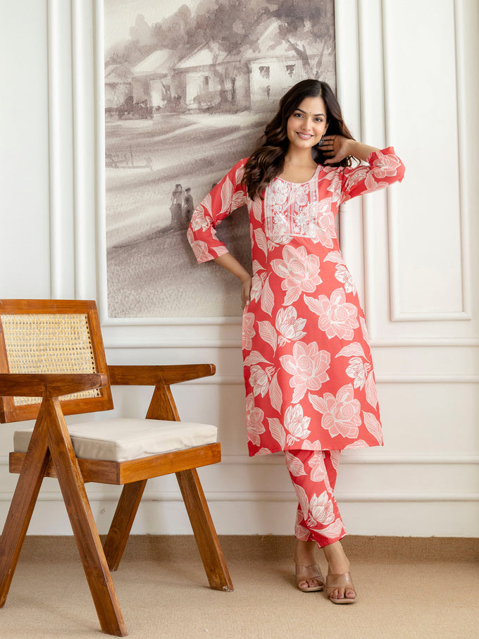 Pink Slub Magic Cotton Digital Print Kurta Palazzo Set For Woman's Trendmalls