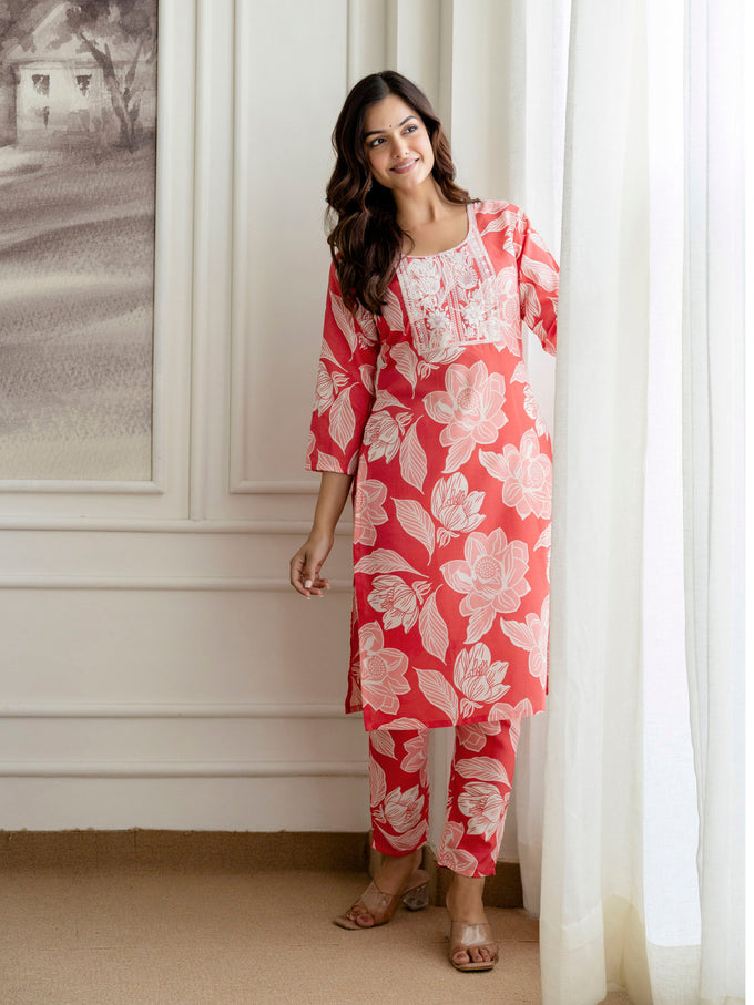 Pink Slub Magic Cotton Digital Print Kurta Palazzo Set For Woman's Trendmalls