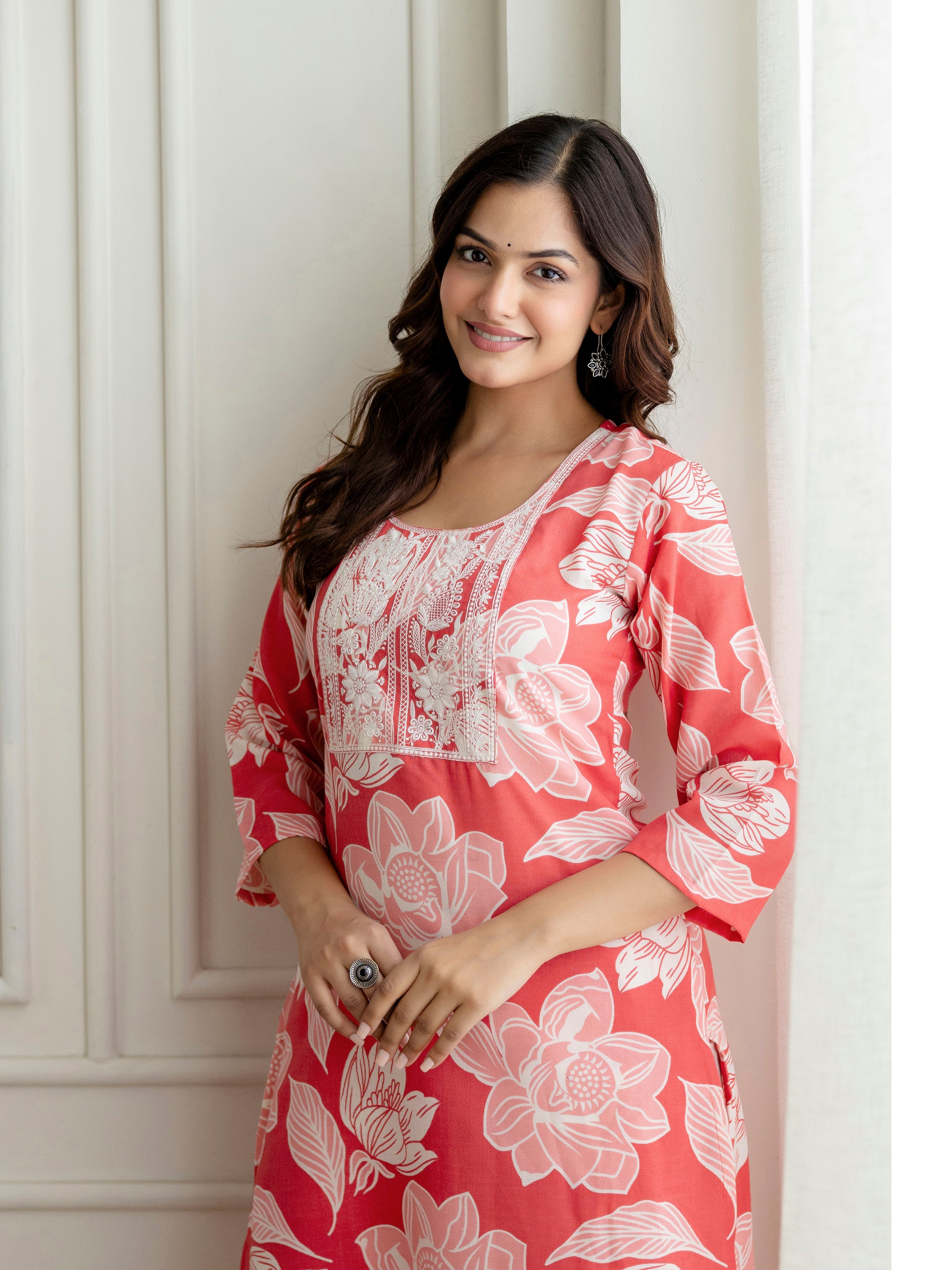 Pink Slub Magic Cotton Digital Print Kurta Palazzo Set For Woman's Trendmalls