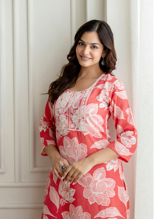 Pink Slub Magic Cotton Digital Print Kurta Palazzo Set For Woman's Trendmalls