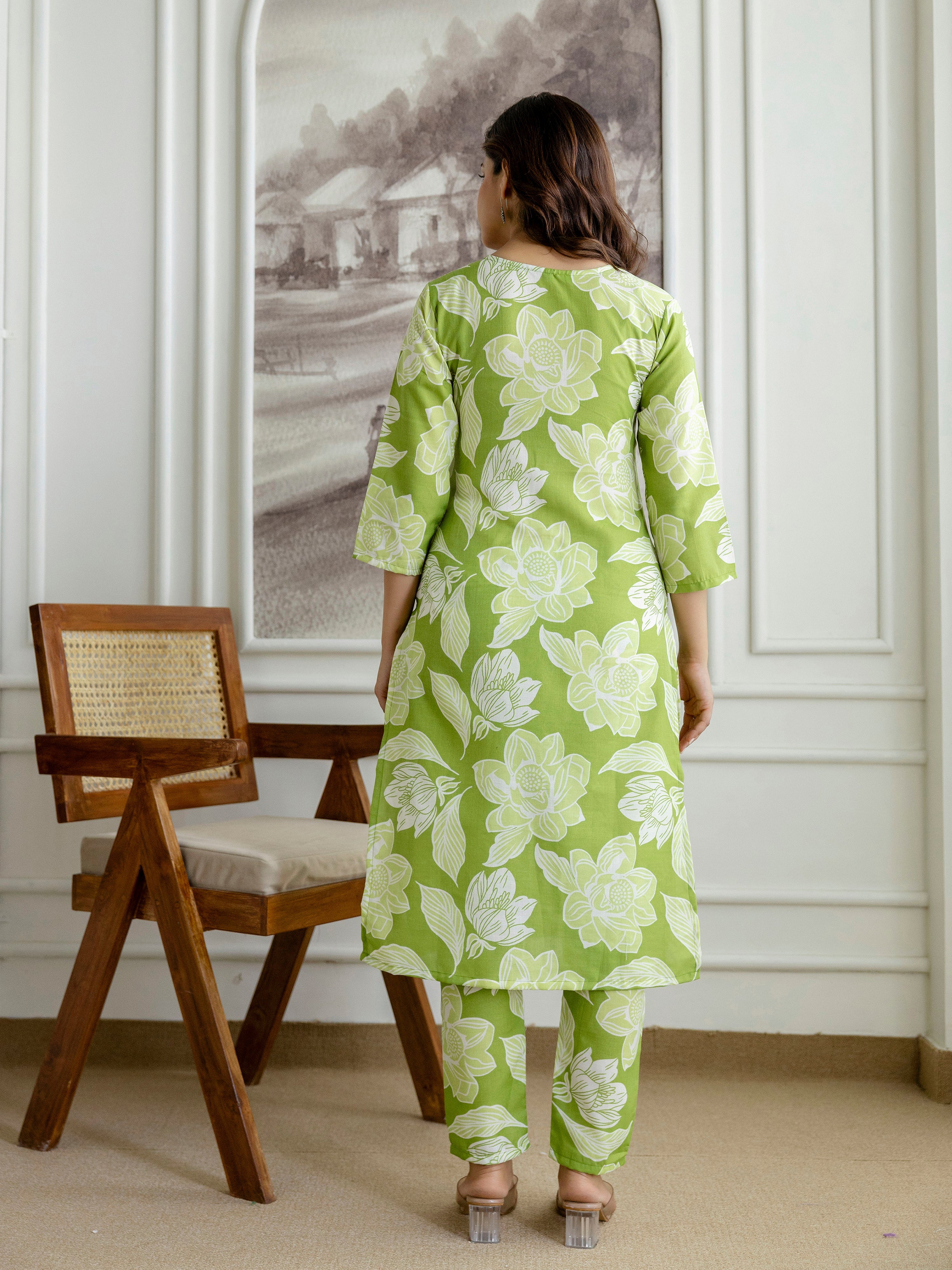 Lightgreen Slub Magic Cotton Digital Print Kurta Palazzo Set For Woman's Trendmalls