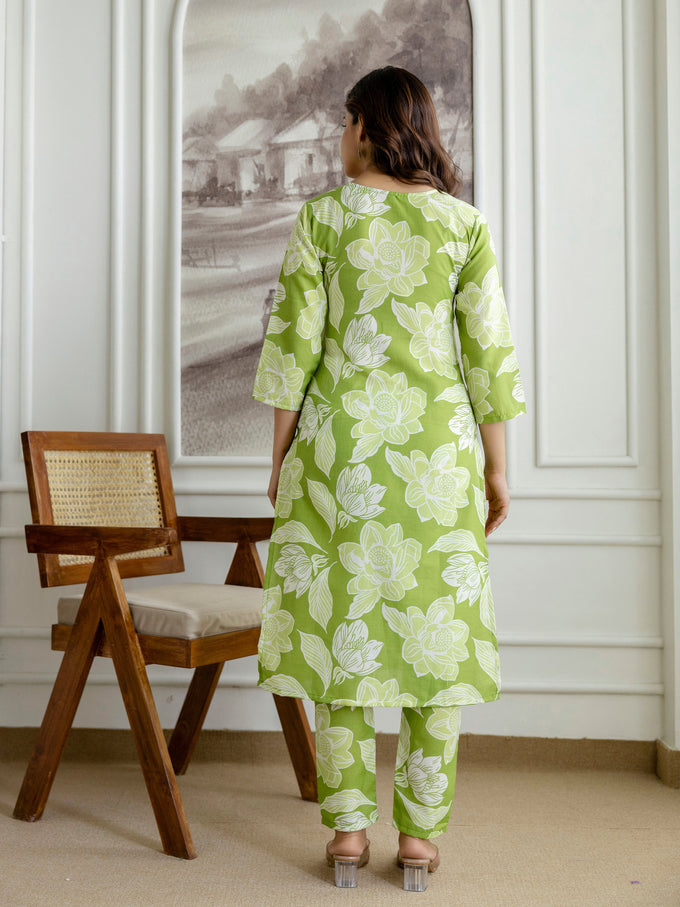 Lightgreen Slub Magic Cotton Digital Print Kurta Palazzo Set For Woman's Trendmalls