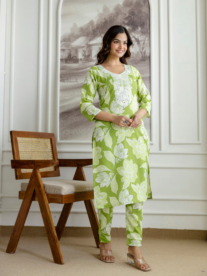 Lightgreen Slub Magic Cotton Digital Print Kurta Palazzo Set For Woman's Trendmalls