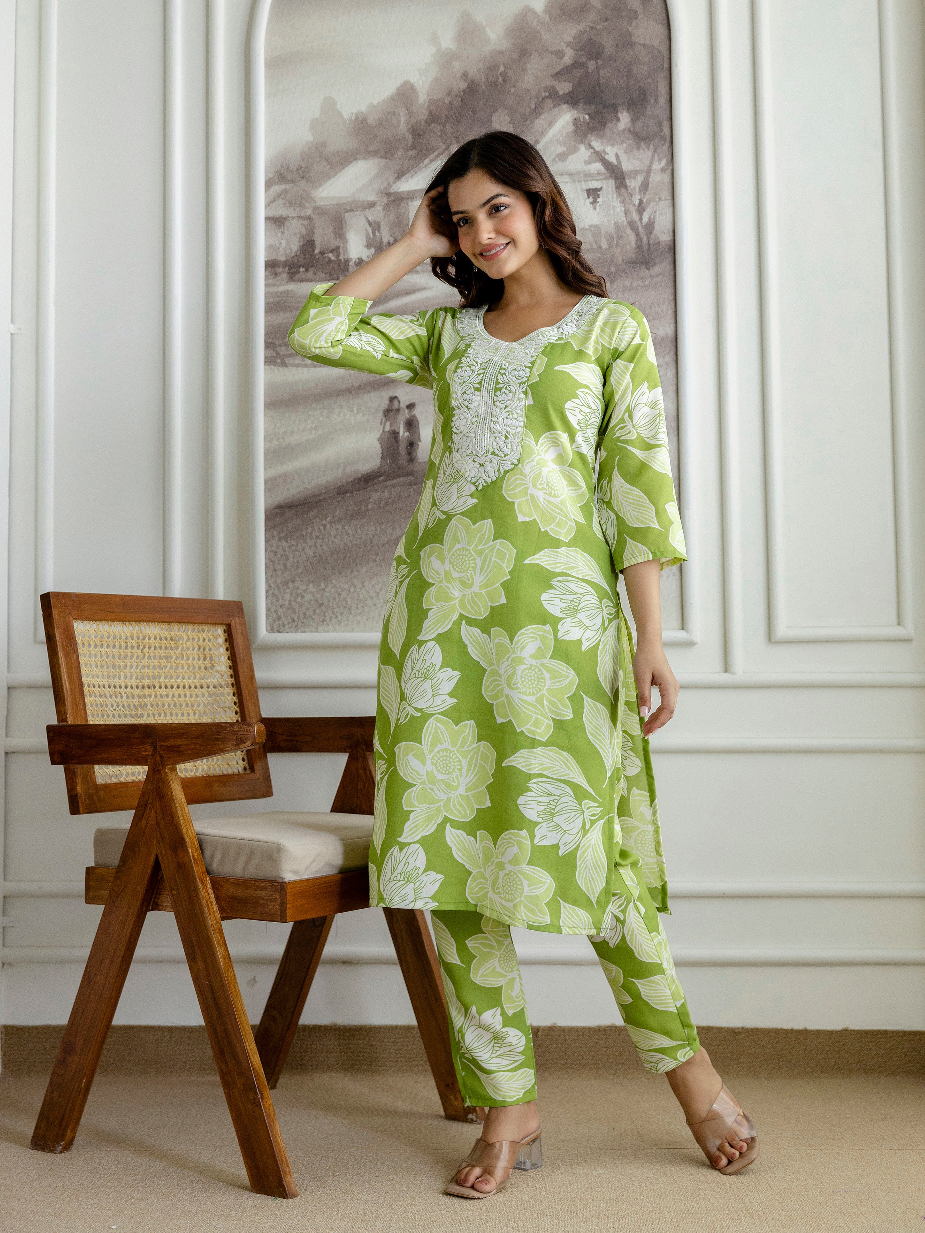 Lightgreen Slub Magic Cotton Digital Print Kurta Palazzo Set For Woman's Trendmalls
