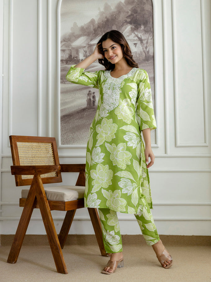 Lightgreen Slub Magic Cotton Digital Print Kurta Palazzo Set For Woman's Trendmalls