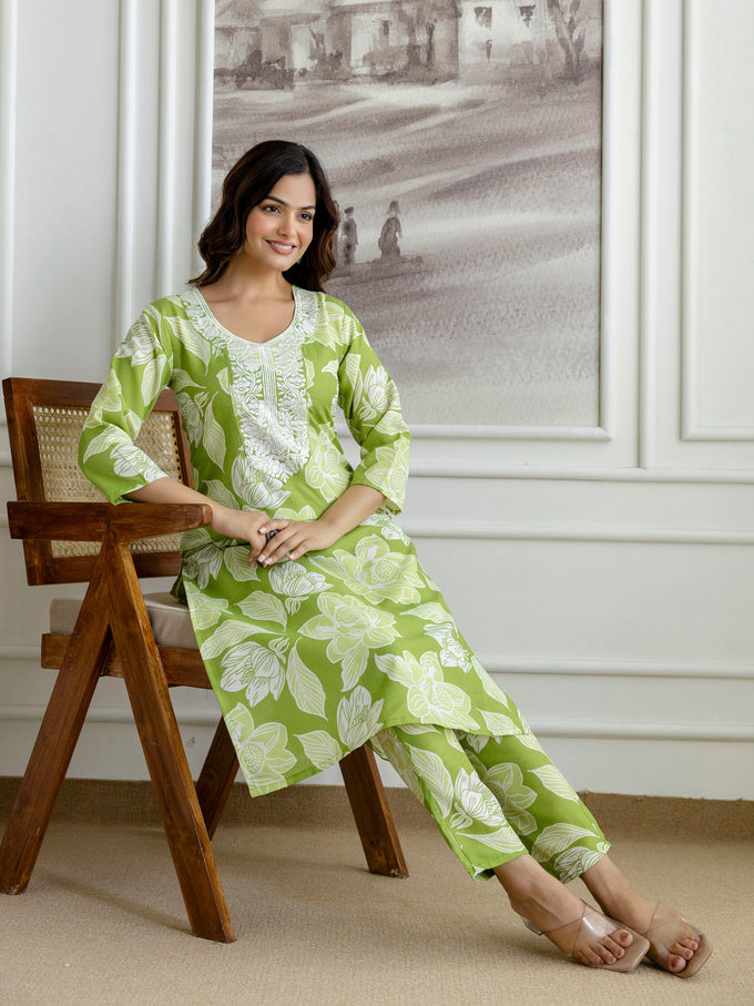 Lightgreen Slub Magic Cotton Digital Print Kurta Palazzo Set For Woman's Trendmalls