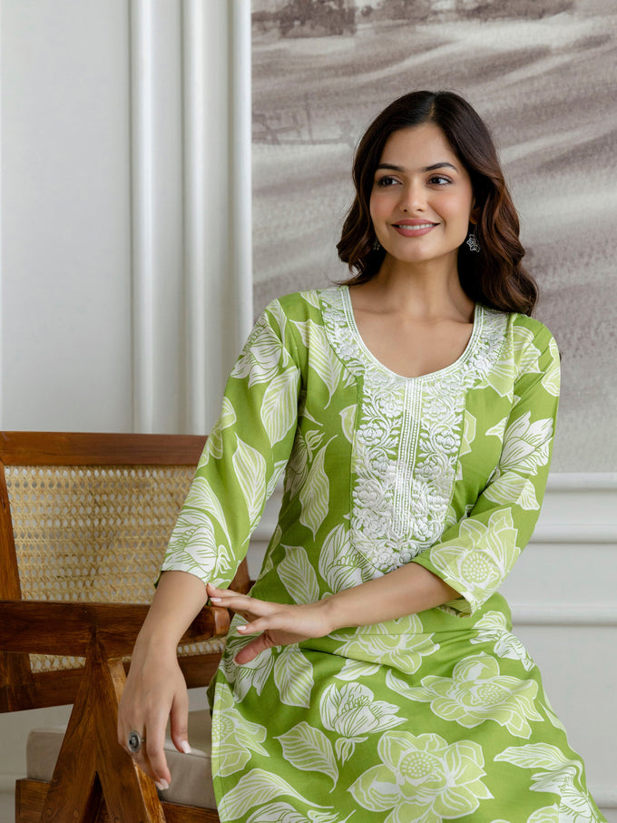 Lightgreen Slub Magic Cotton Digital Print Kurta Palazzo Set For Woman's Trendmalls