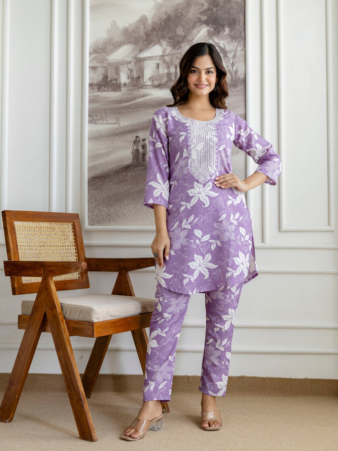 Lightpurple Slub Magic Cotton Digital Print Kurta Palazzo Set For Woman's Trendmalls