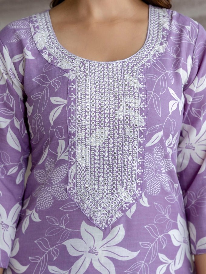 Lightpurple Slub Magic Cotton Digital Print Kurta Palazzo Set For Woman's Trendmalls