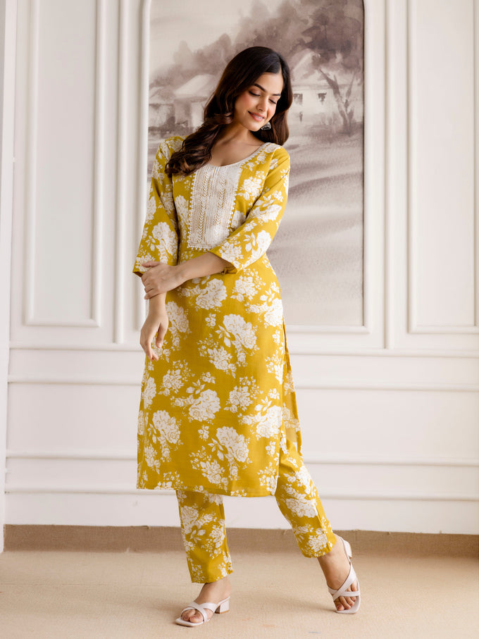 Yellow Slub Magic Cotton Digital Print Kurta Palazzo Set For Woman's Trendmalls