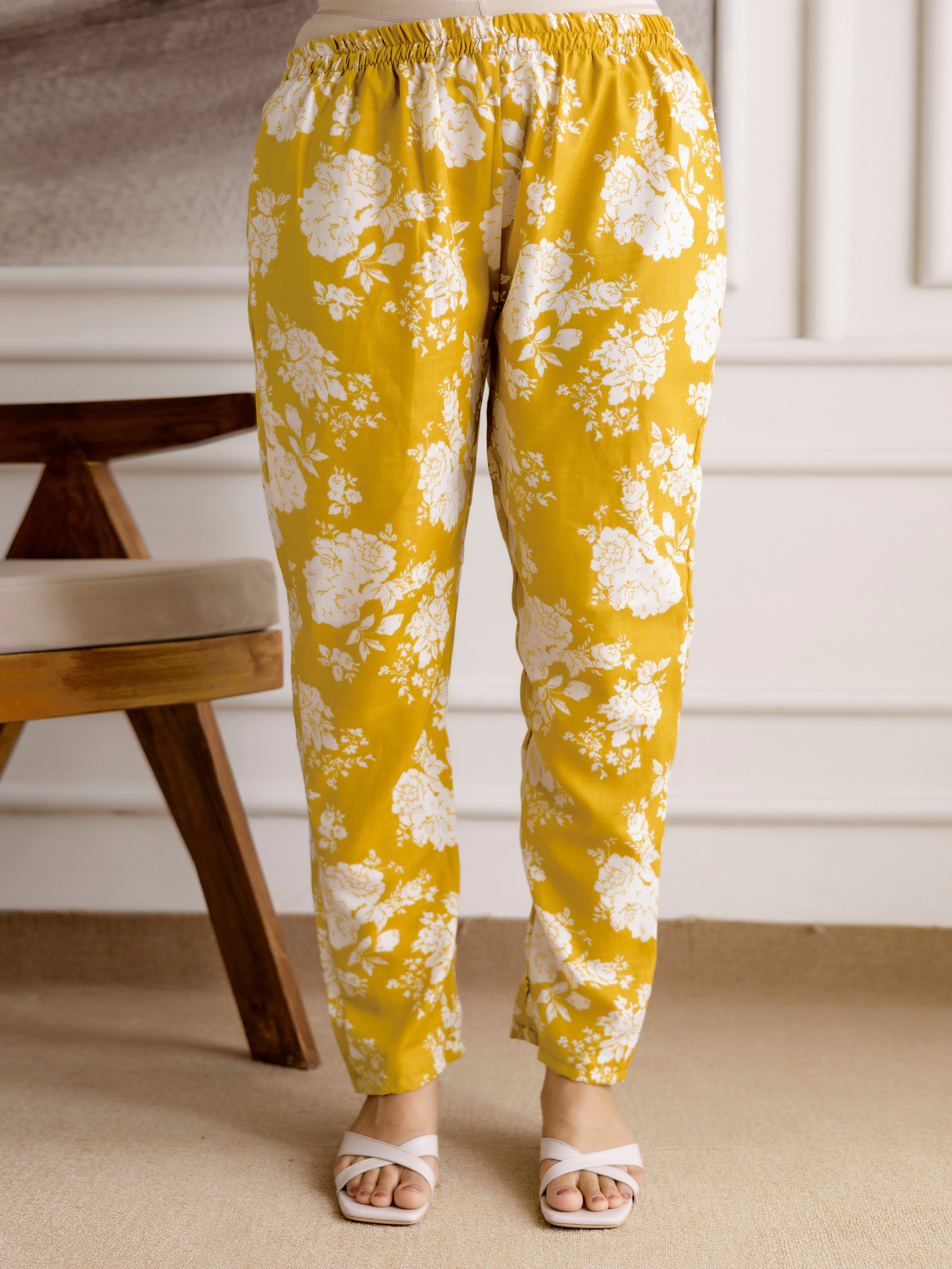 Yellow Slub Magic Cotton Digital Print Kurta Palazzo Set For Woman's Trendmalls