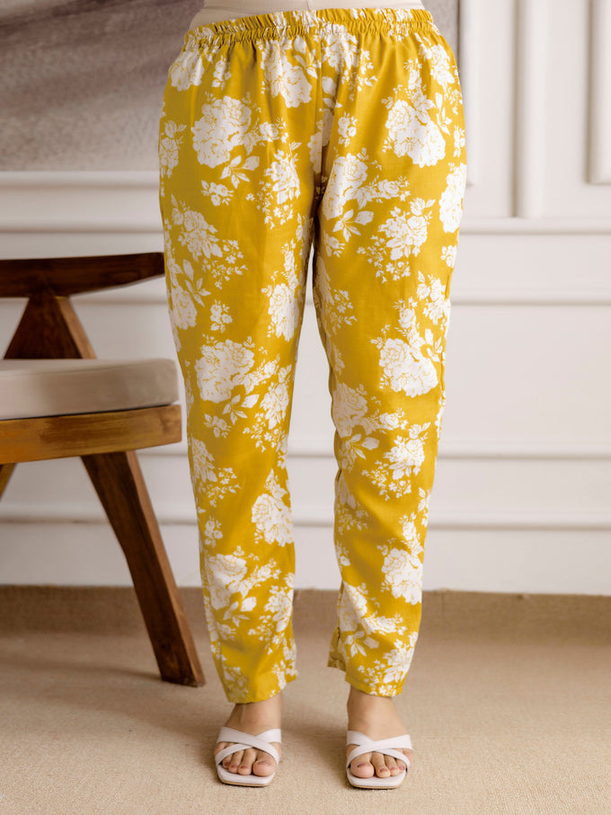 Yellow Slub Magic Cotton Digital Print Kurta Palazzo Set For Woman's Trendmalls