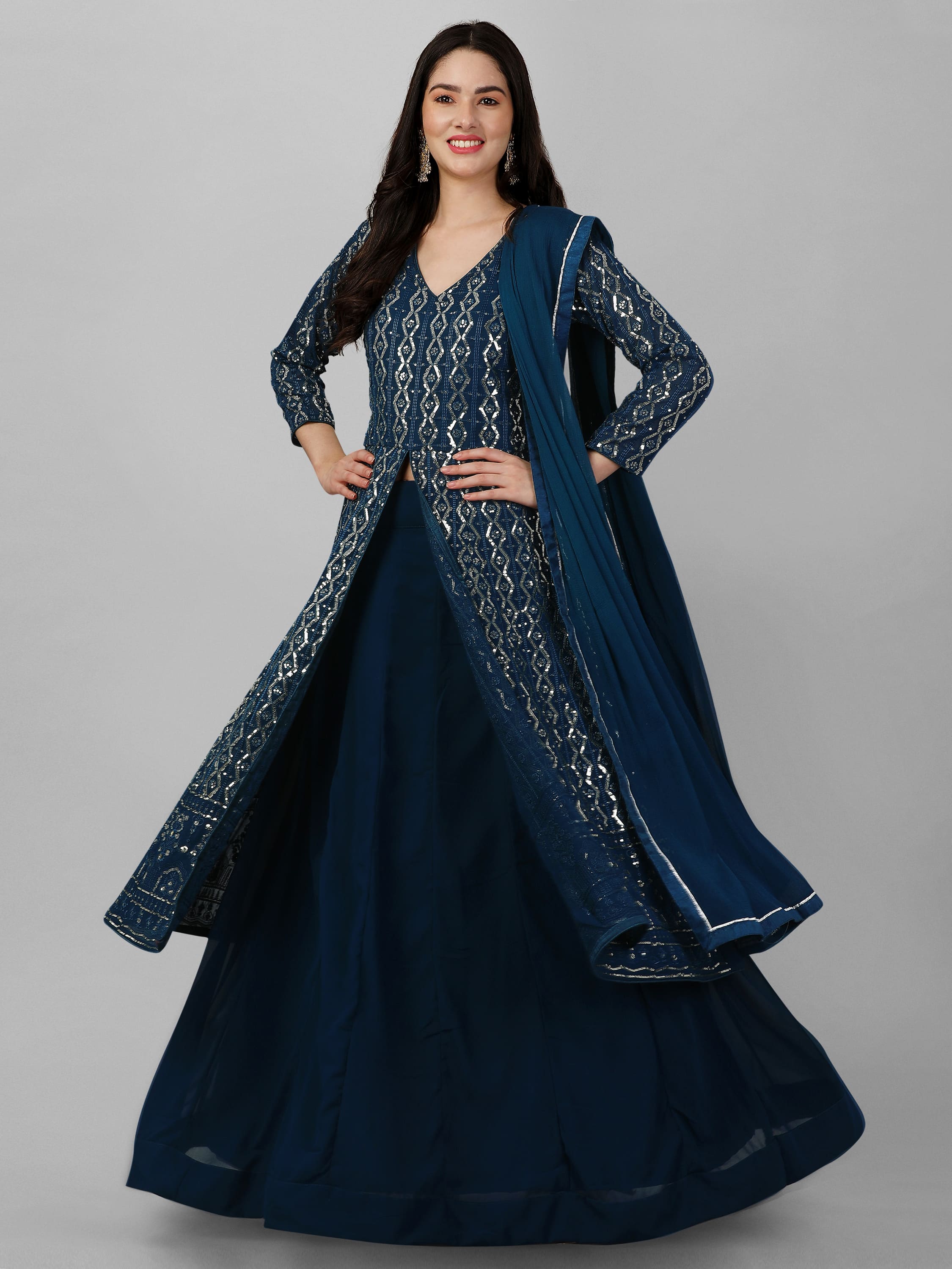 Morpeach Georgette Embroidery Anarklai Suit Set Kurta Lehenga with Dupatta Kurta Set for Women's Trendmallsin