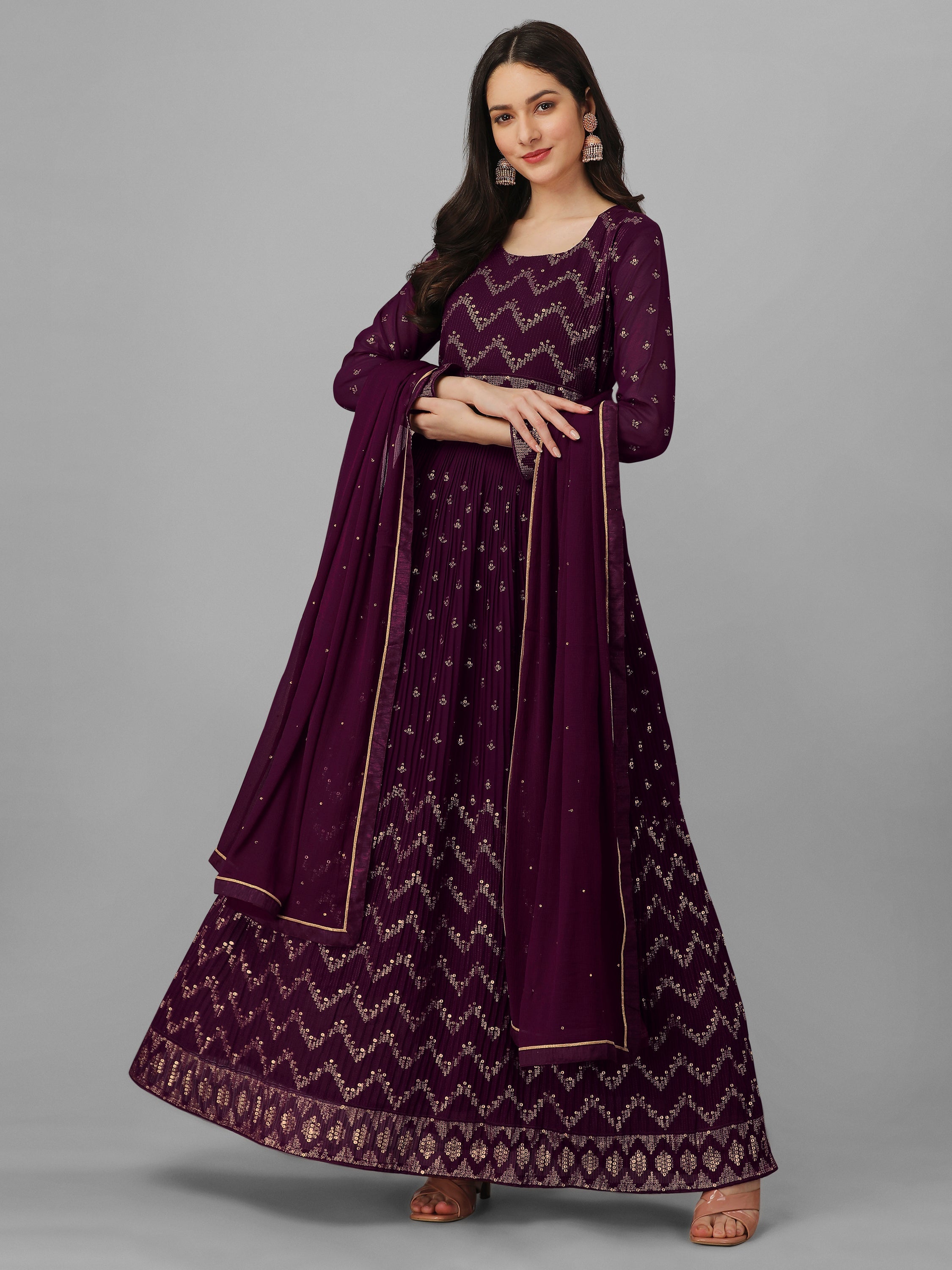 Purple Georgette Embroidery Anarkali Salwar Suit Set with Dupatta For Women's Trendmallsin
