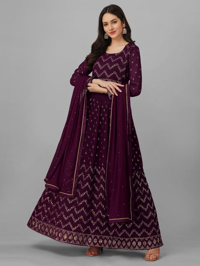 Purple Georgette Embroidery Anarkali Salwar Suit Set with Dupatta For Women's Trendmallsin