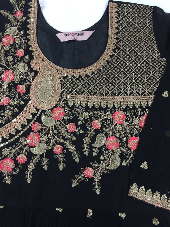 Black Georgette Embroidery Salwar Suit Set Kurta Palazzo with Dupatta Nyra Cut Kurta Set for Women Trendmallsin