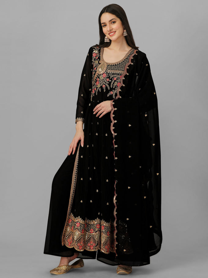 Black Georgette Embroidery Salwar Suit Set Kurta Palazzo with Dupatta Nyra Cut Kurta Set for Women Trendmallsin