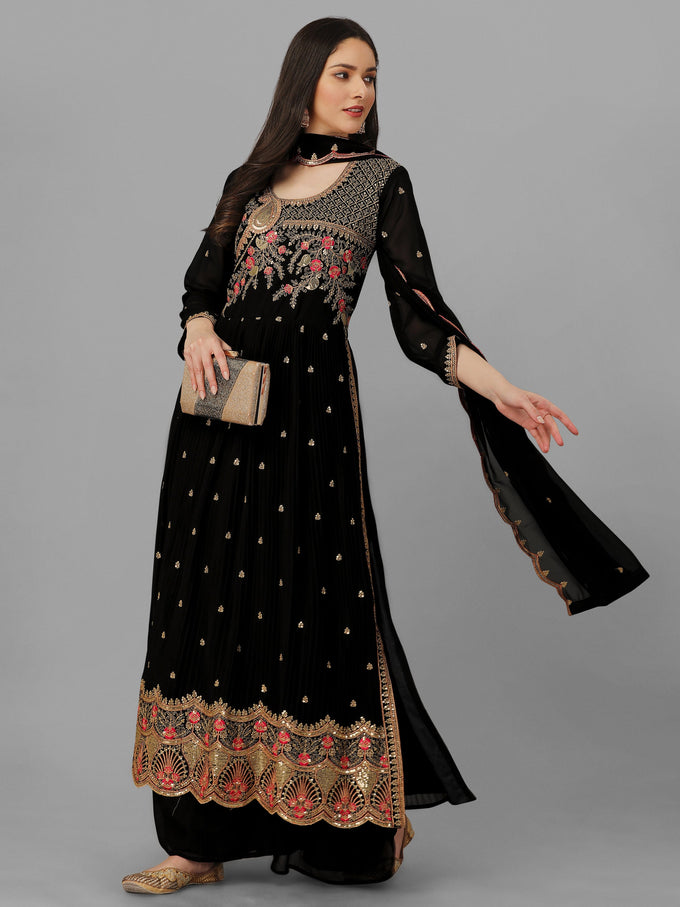 Black Georgette Embroidery Salwar Suit Set Kurta Palazzo with Dupatta Nyra Cut Kurta Set for Women Trendmallsin