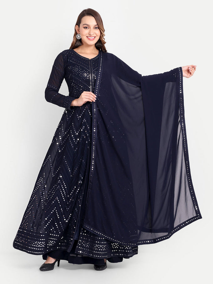 Blue Georgette Embroidery Anarklai Suit Set Kurta Lehenga with Dupatta Blue Kurta Set for Women Trendmallsin