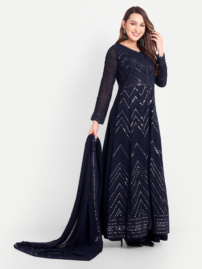 Blue Georgette Embroidery Anarklai Suit Set Kurta Lehenga with Dupatta Blue Kurta Set for Women Trendmallsin