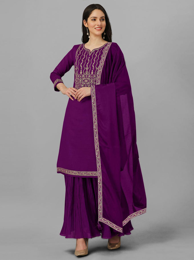 Women's Vichitra Silk Embroidery Salwar Suit Set Kurta Sharara with Dupatta Purple Kurta Set for Women Trendmallsin
