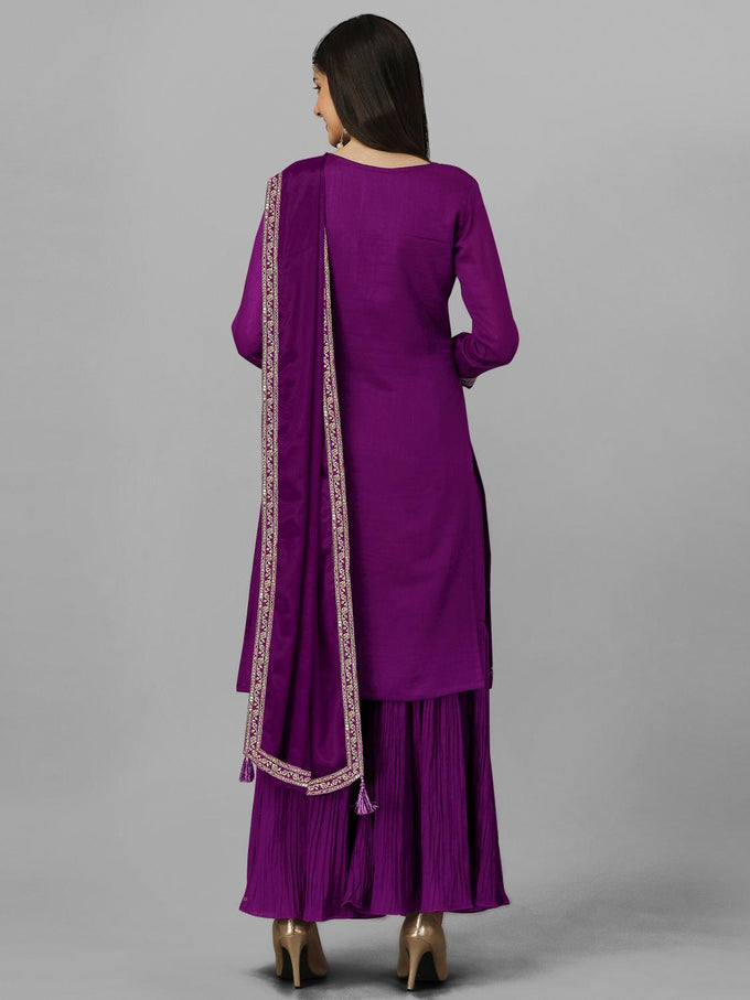 Women's Vichitra Silk Embroidery Salwar Suit Set Kurta Sharara with Dupatta Purple Kurta Set for Women Trendmallsin