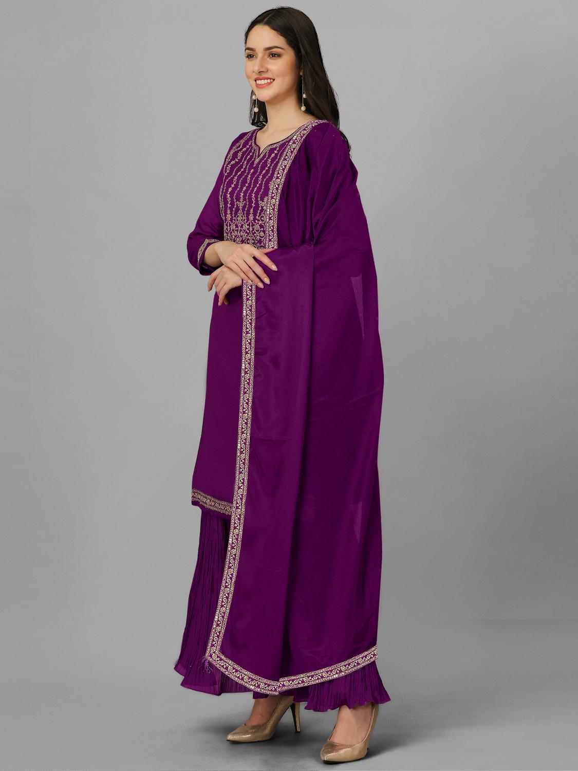 Women's Vichitra Silk Embroidery Salwar Suit Set Kurta Sharara with Dupatta Purple Kurta Set for Women Trendmallsin