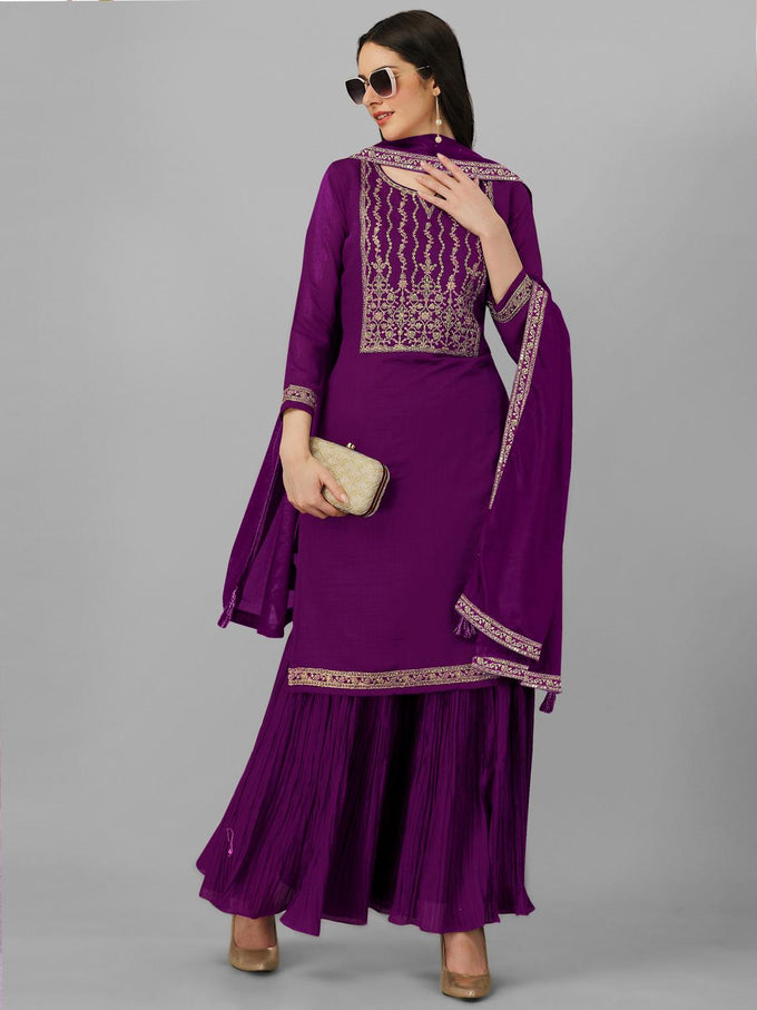 Women's Vichitra Silk Embroidery Salwar Suit Set Kurta Sharara with Dupatta Purple Kurta Set for Women Trendmallsin