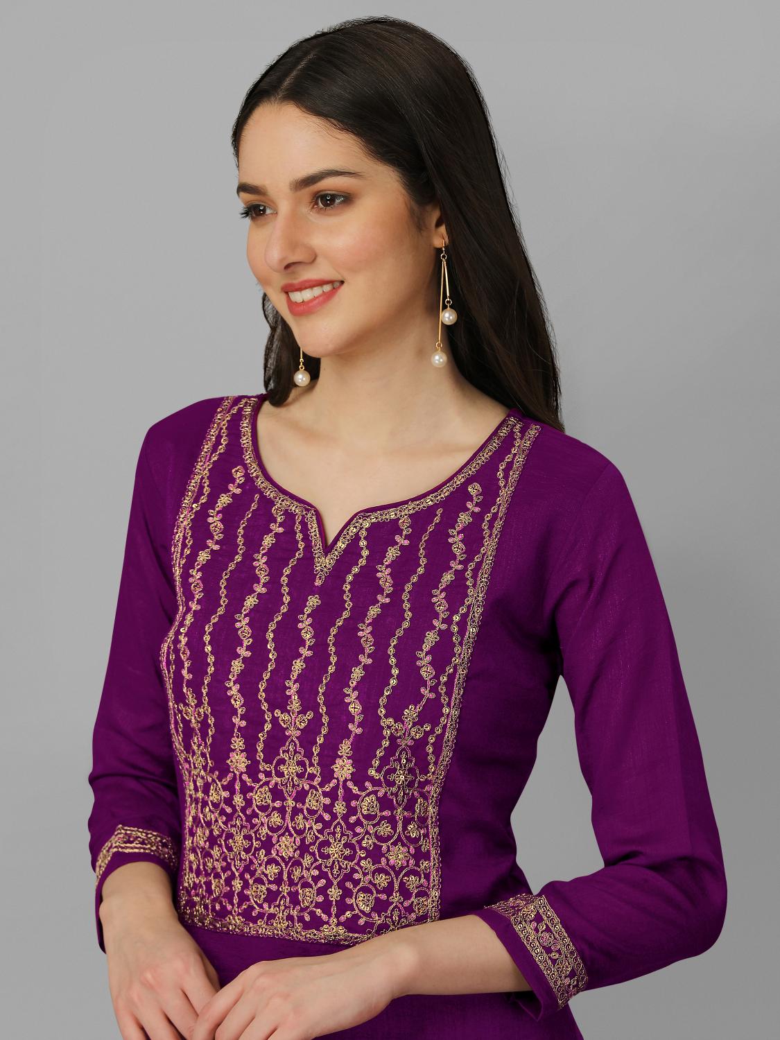 Women's Vichitra Silk Embroidery Salwar Suit Set Kurta Sharara with Dupatta Purple Kurta Set for Women Trendmallsin