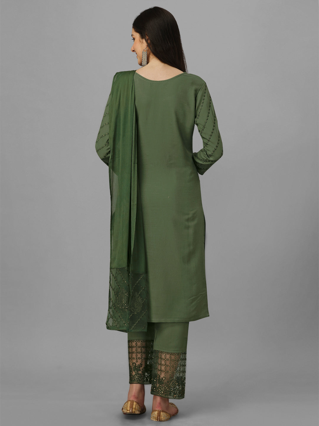 Dark Green Cotton Embroidery Salwar Suit Set with Dupatta for Women's Trendmallsin