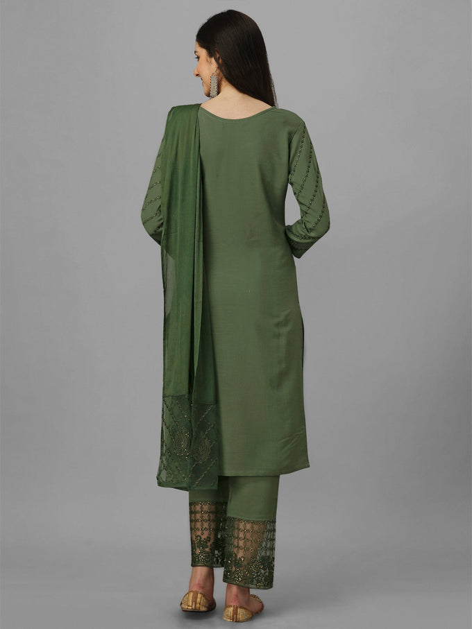 Dark Green Cotton Embroidery Salwar Suit Set with Dupatta for Women's Trendmallsin