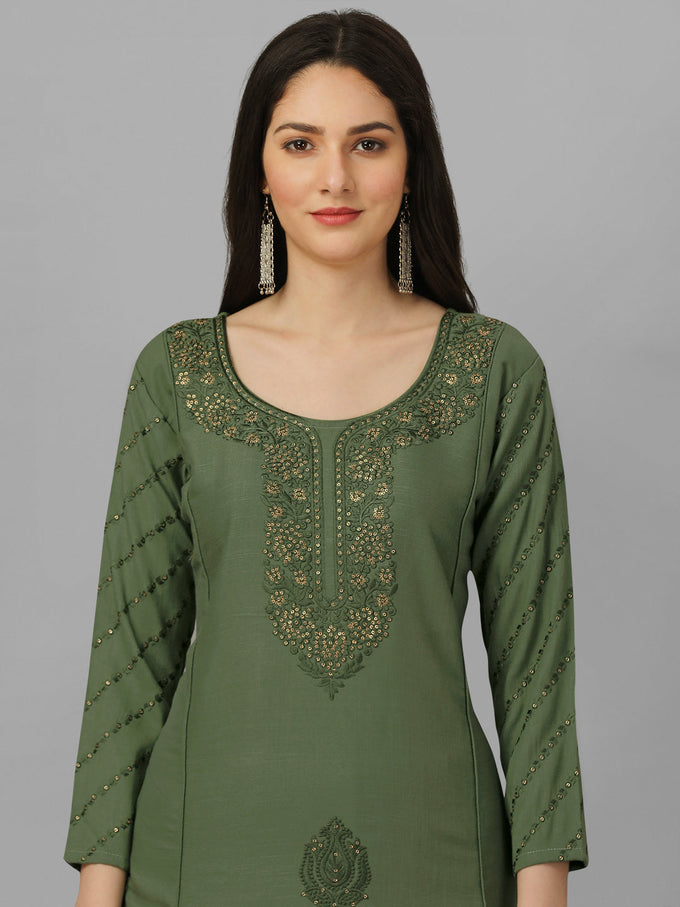 Dark Green Cotton Embroidery Salwar Suit Set with Dupatta for Women's Trendmallsin