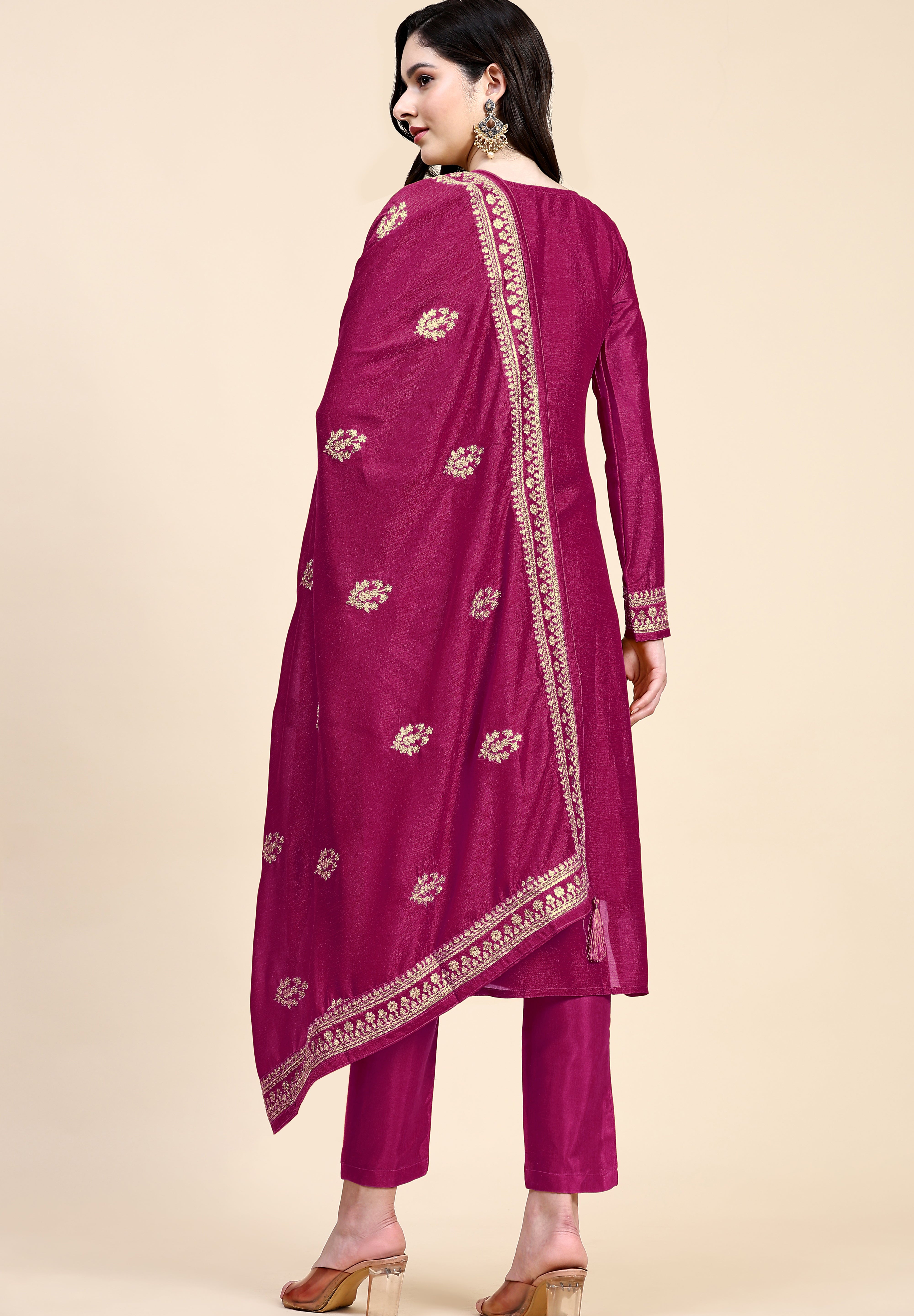 Pink Vichitra Silk Embroidery Salwar Suit Set with Dupatta for Women's Trendmallsin