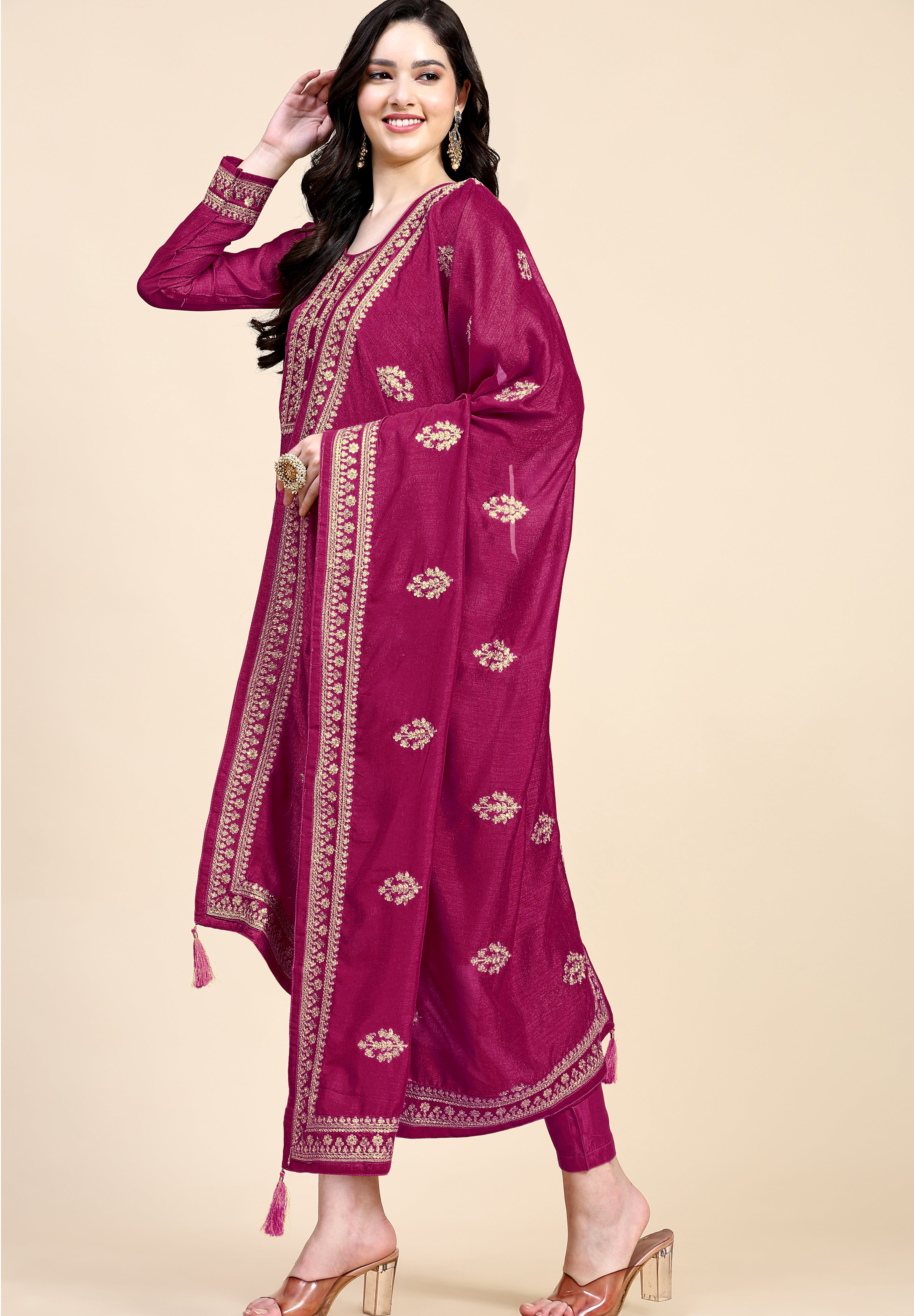 Pink Vichitra Silk Embroidery Salwar Suit Set with Dupatta for Women's Trendmallsin