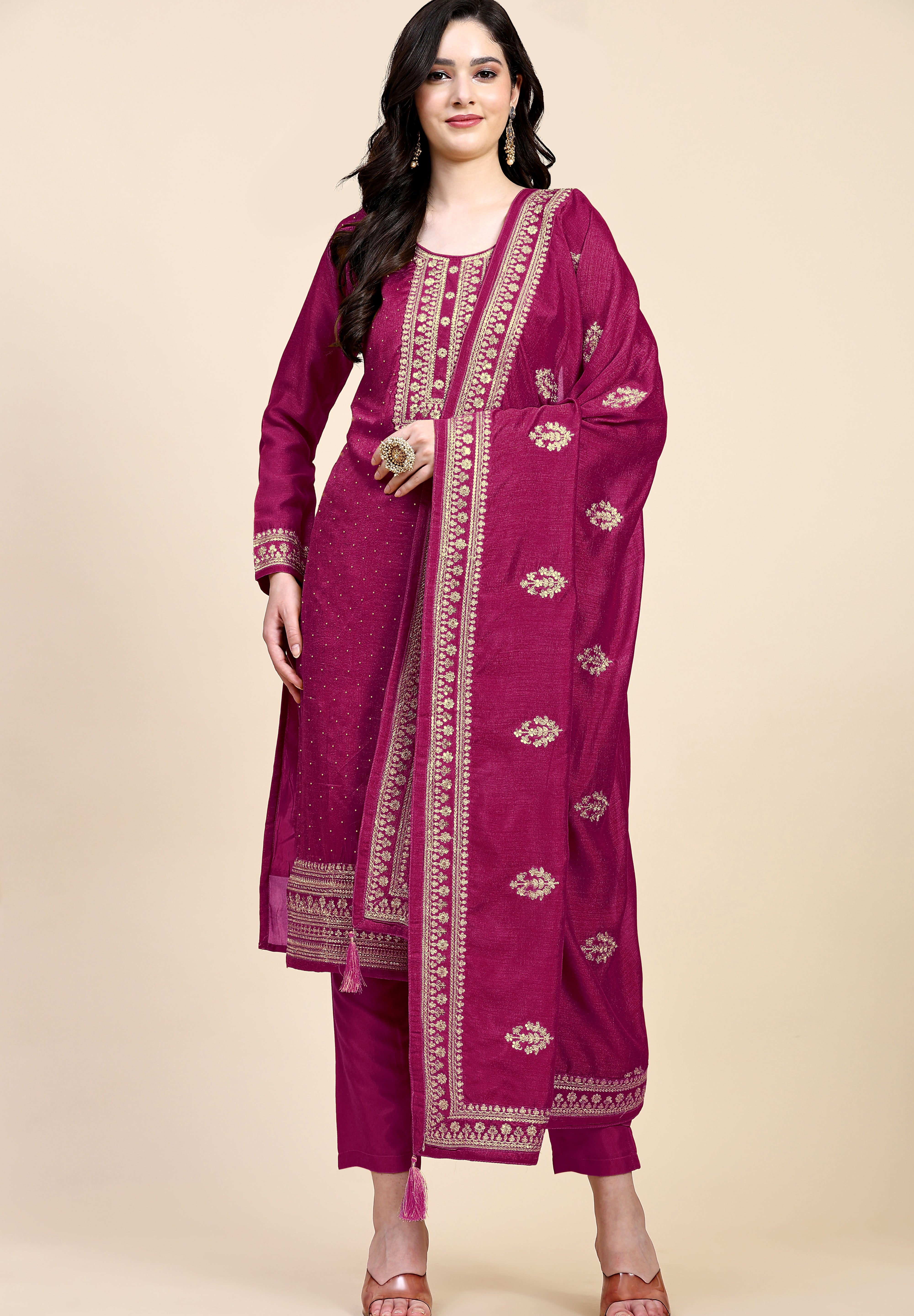 Pink Vichitra Silk Embroidery Salwar Suit Set with Dupatta for Women's Trendmallsin