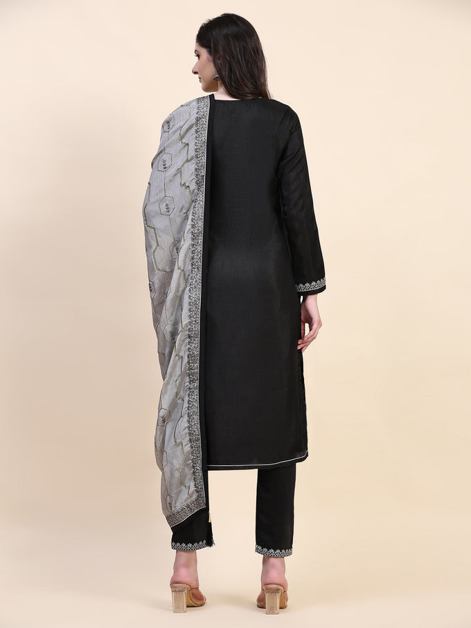 Black Vichitra Silk Embroidery Salwar Suit Set Kurta Pant with Dupatta Black Kurta Set for Women's Trendmallsin