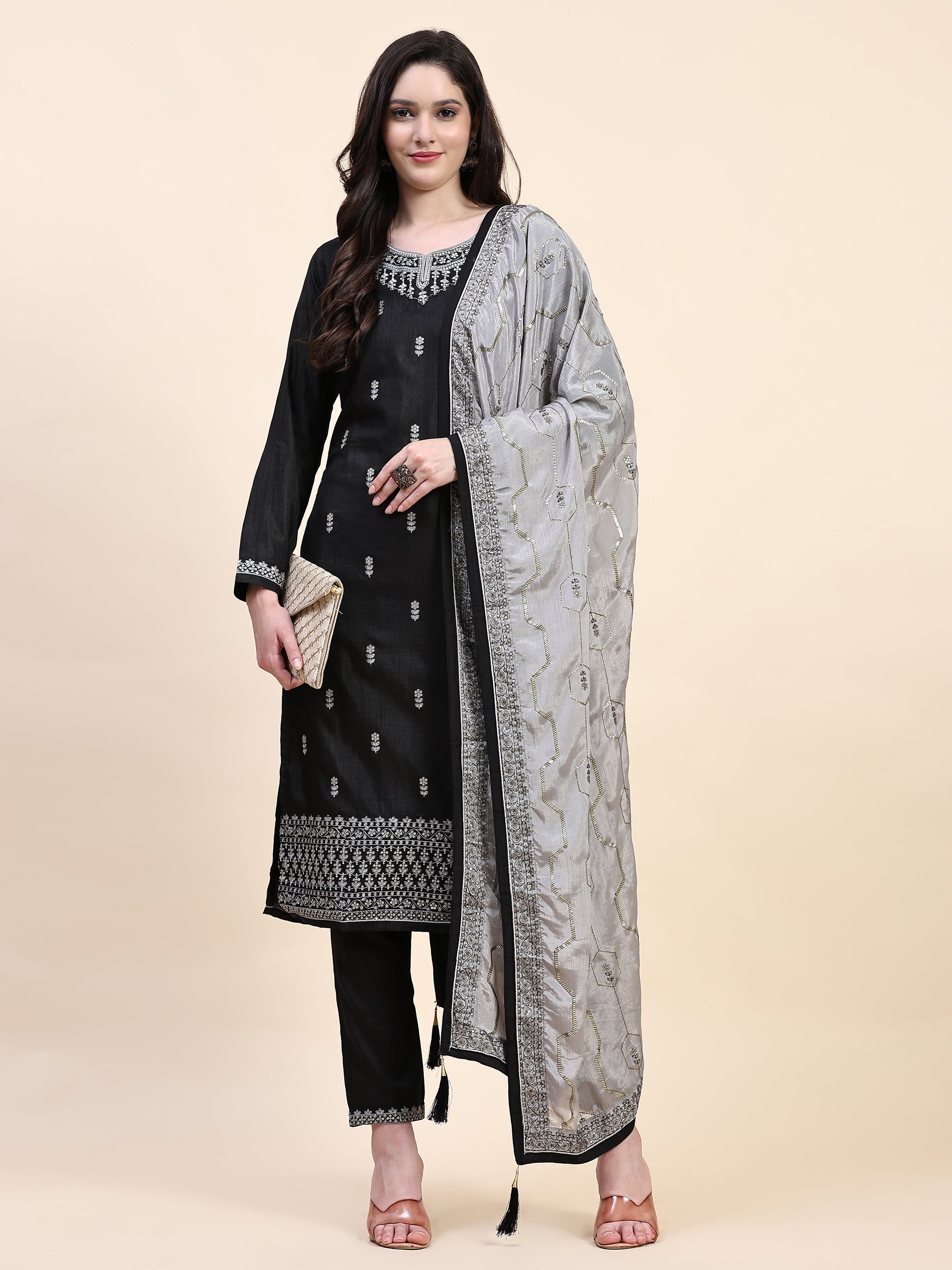 Black Vichitra Silk Embroidery Salwar Suit Set Kurta Pant with Dupatta Black Kurta Set for Women's Trendmallsin