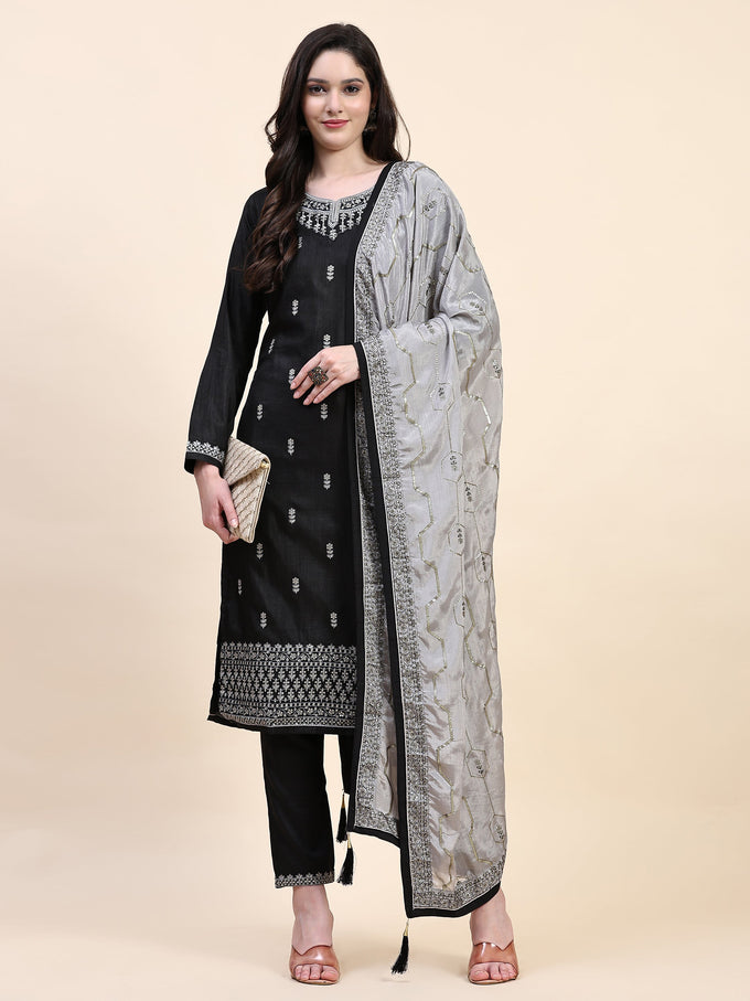Black Vichitra Silk Embroidery Salwar Suit Set Kurta Pant with Dupatta Black Kurta Set for Women's Trendmallsin