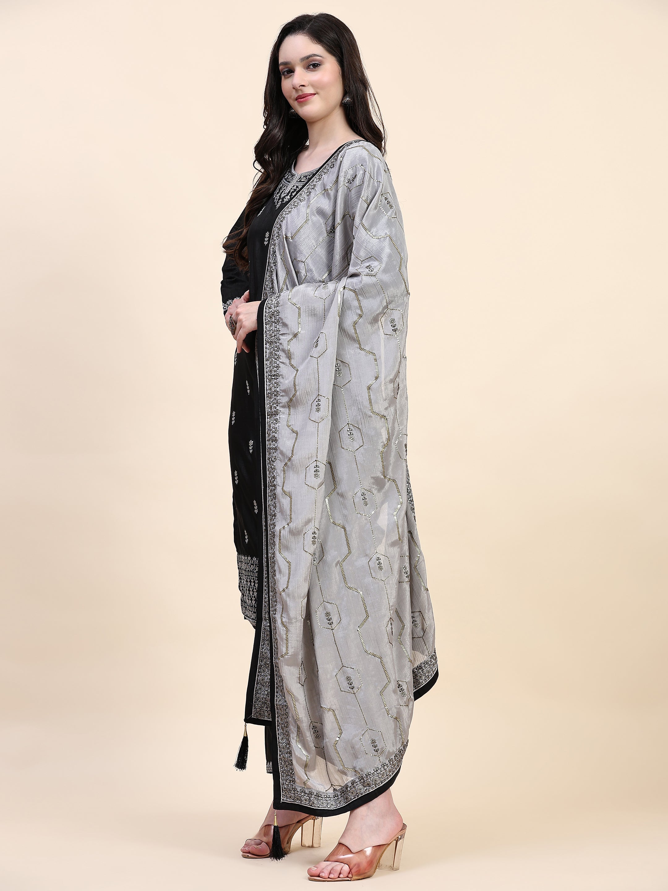 Black Vichitra Silk Embroidery Salwar Suit Set Kurta Pant with Dupatta Black Kurta Set for Women's Trendmallsin