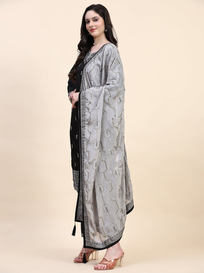 Black Vichitra Silk Embroidery Salwar Suit Set Kurta Pant with Dupatta Black Kurta Set for Women's Trendmallsin
