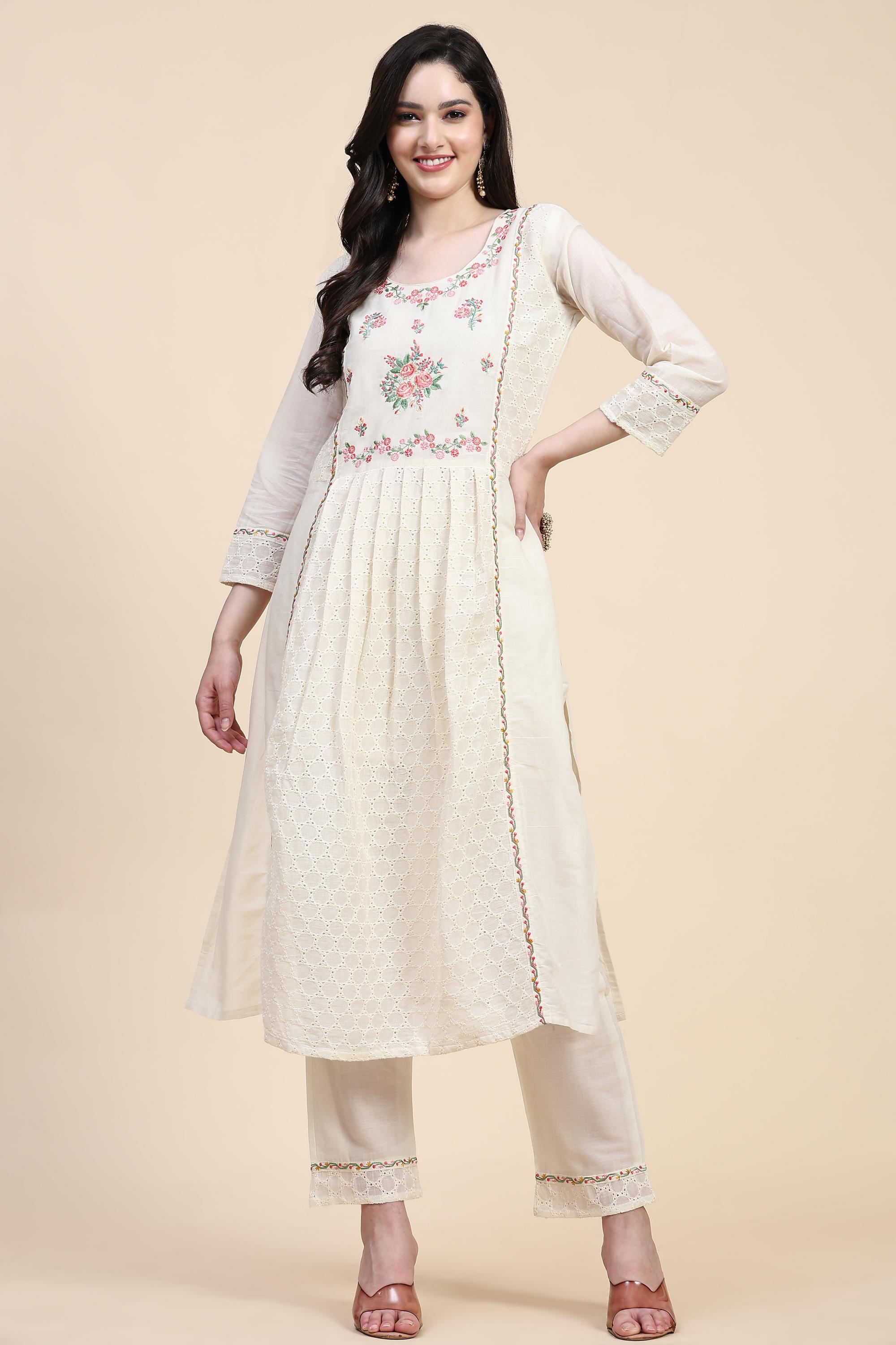 White Pure Cotton Schiffli  Embroidery Salwar Suit Set with Dupatta For Women's Trendmallsin