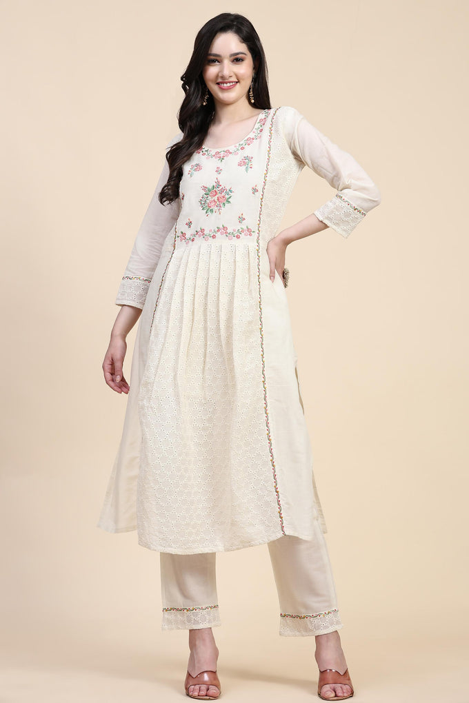 White Pure Cotton Schiffli  Embroidery Salwar Suit Set with Dupatta For Women's Trendmallsin