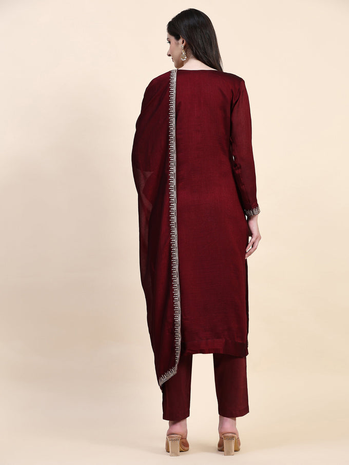 Maroon Vichitra Silk Embroidery Salwar Suit Set with Dupatta for Women's Trendmallsin
