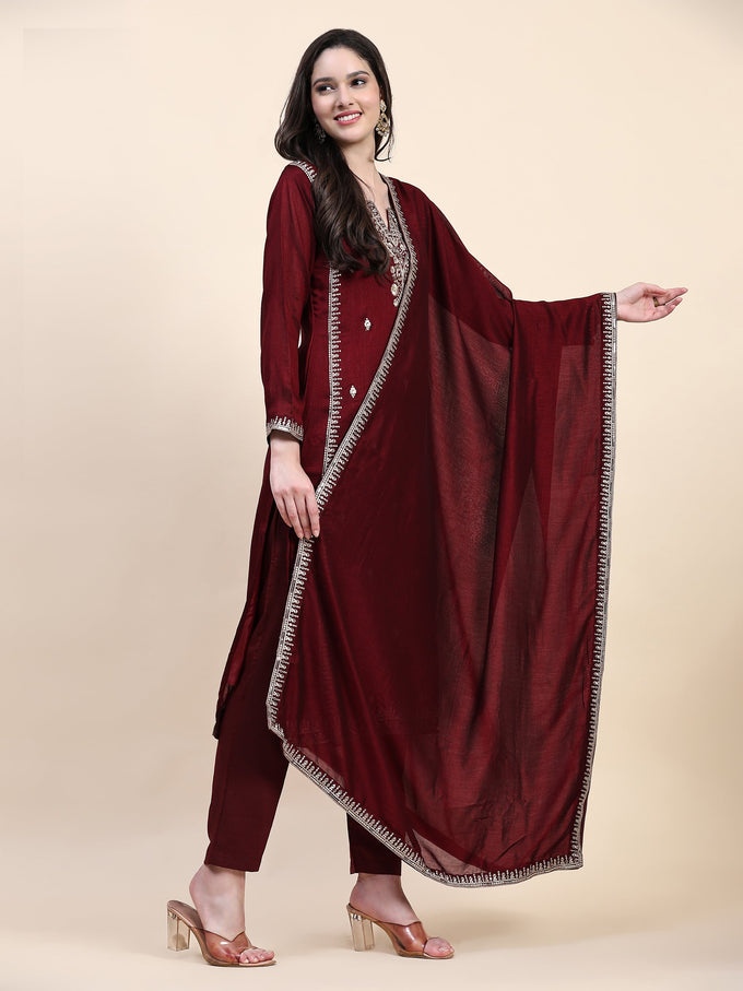 Maroon Vichitra Silk Embroidery Salwar Suit Set with Dupatta for Women's Trendmallsin