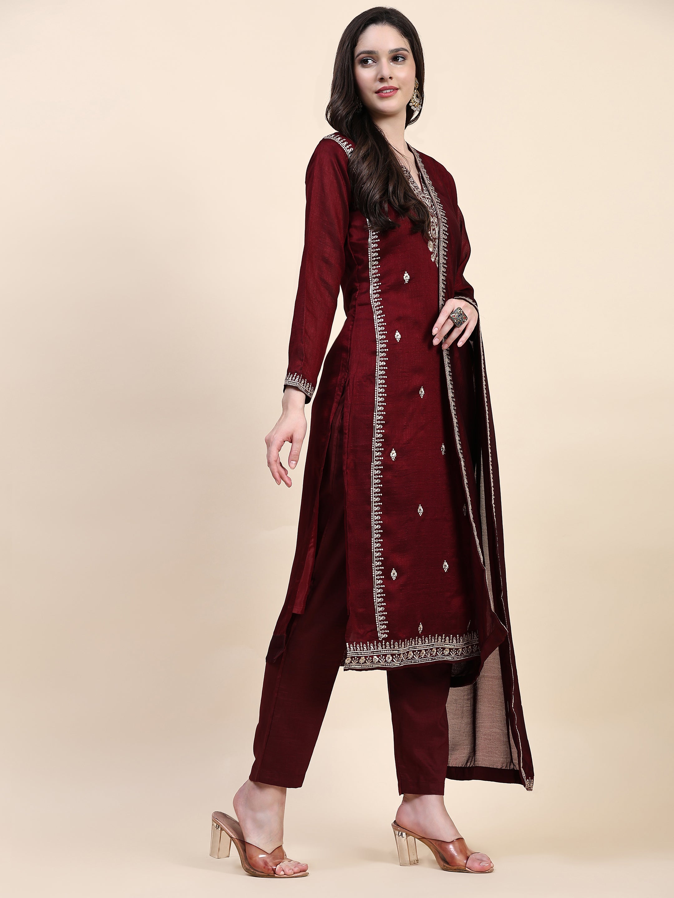 Maroon Vichitra Silk Embroidery Salwar Suit Set with Dupatta for Women's Trendmallsin