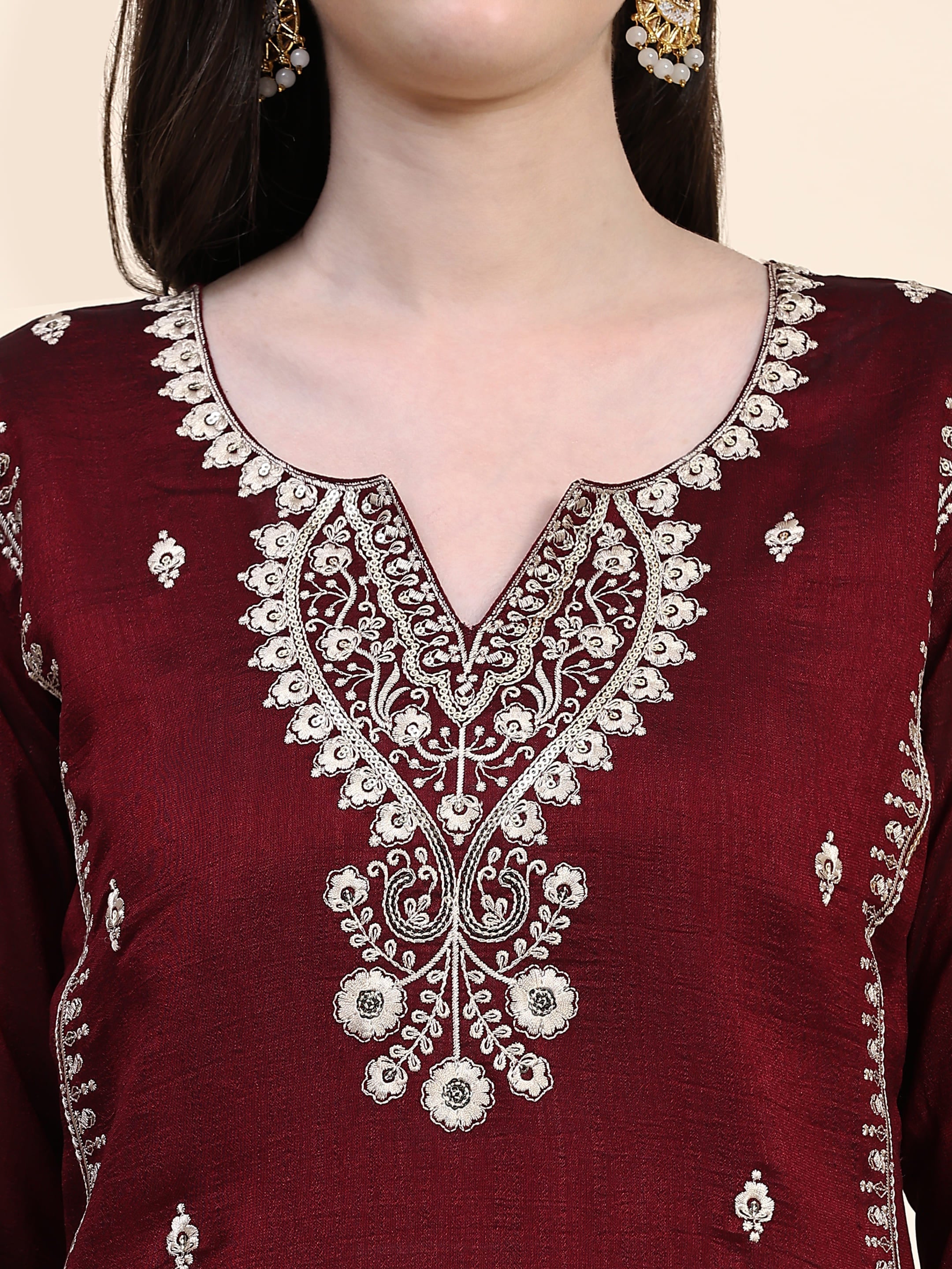 Maroon Vichitra Silk Embroidery Salwar Suit Set with Dupatta for Women's Trendmallsin