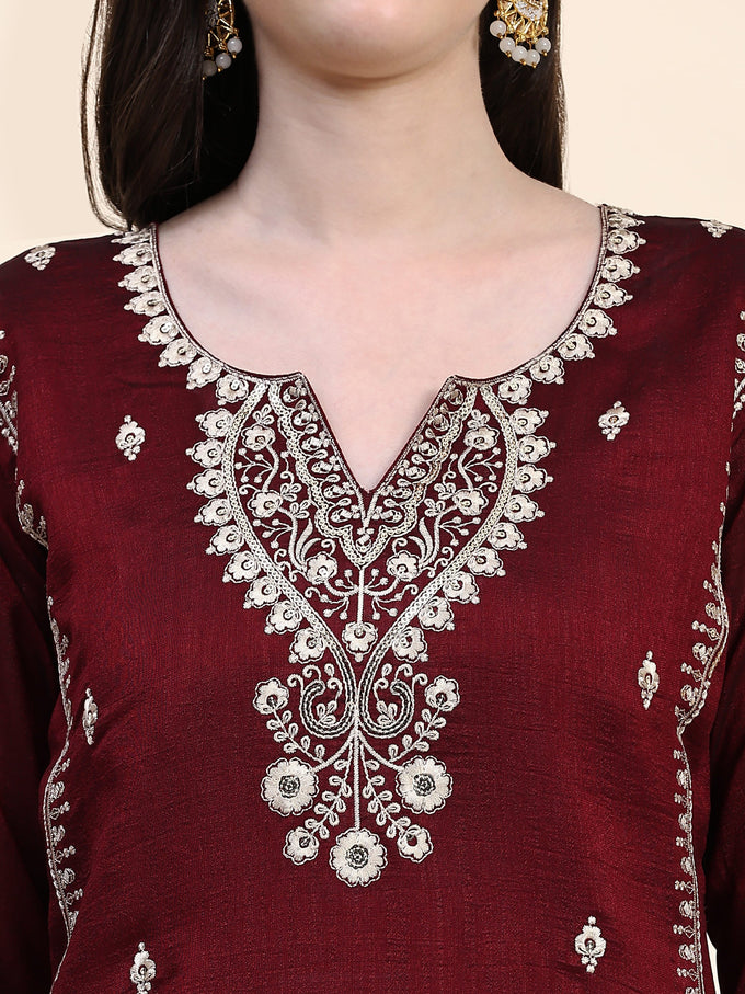 Maroon Vichitra Silk Embroidery Salwar Suit Set with Dupatta for Women's Trendmallsin
